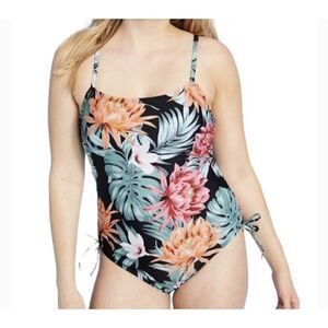 Kona Sol‎ Tankini Black Floral Cinch Side High Full Coverage Size Large